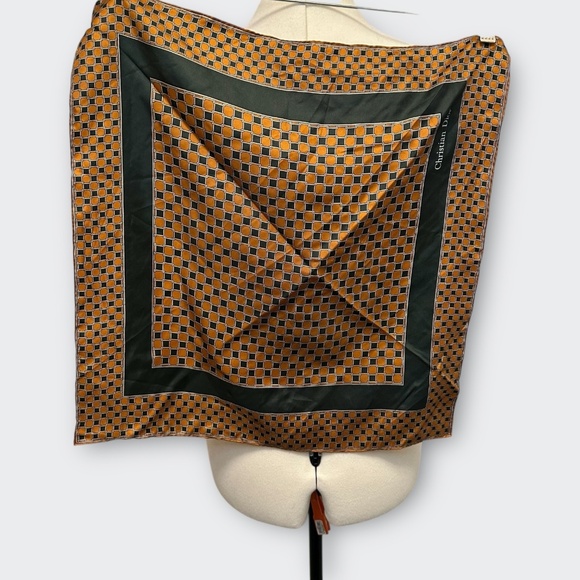 Vintage Christian Dior Gold Green Geometric Print 100% Silk Square Scarf Classic - Picture 2 of 6